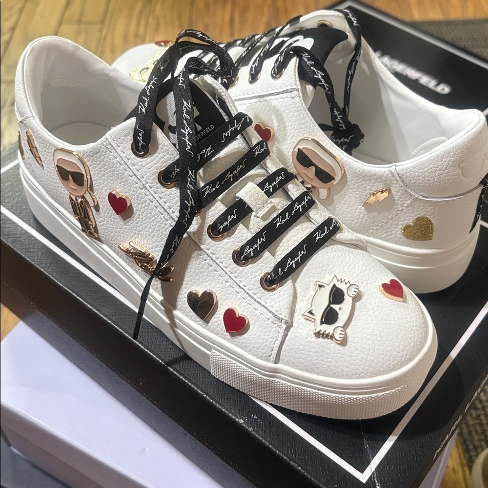 Karl Lagerfeld White Sneakers with Heart and Cat Motifs